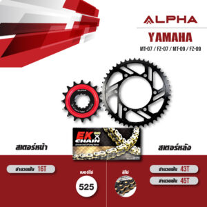ALPHA SPROCKET ชุดโซ่สเตอร์ เปลี่ยน Yamaha MT-07 / FZ-07 / MT-09 / FZ-09 [16/43] โซ่ EK SRX2 สีดำหมุดทอง